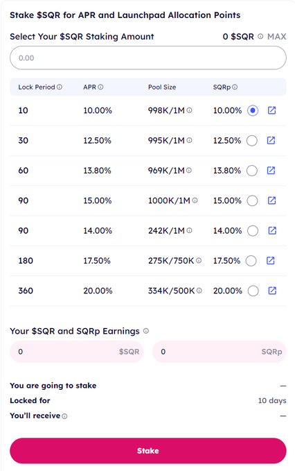 As for Staking: Percentage of launchpad allocation points you earn, based on $SQR staked and staking duration. 20% APR is Maximal🔥🔥🔥
But you should take in account, that staking pools are limited- First come first stake basis.
Magic launchpad😍😍😍
#MagicStore 
@magicsquareio