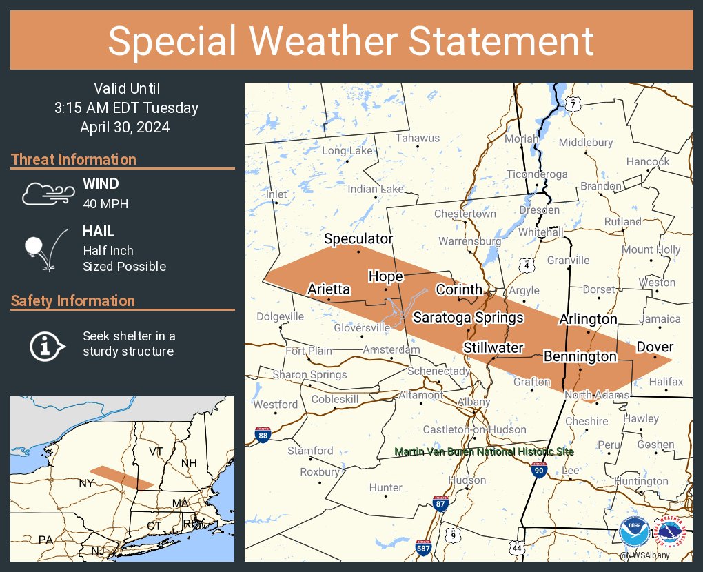 A special weather statement has been issued for Saratoga Springs NY, Bennington VT and  Ballston Spa NY until 3:15 AM EDT