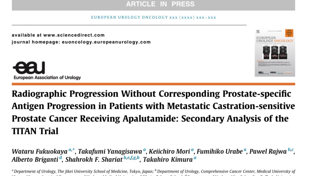 Secondary analysis of TITAN trial shows that half of patients with mHSPC treated with apalutamide who experienced radiographic progression developed it without corresponding PSA progression. Great team @jikei_urology @gehi87 @Keiichiro__Mori @DrShariat sciencedirect.com/science/articl…