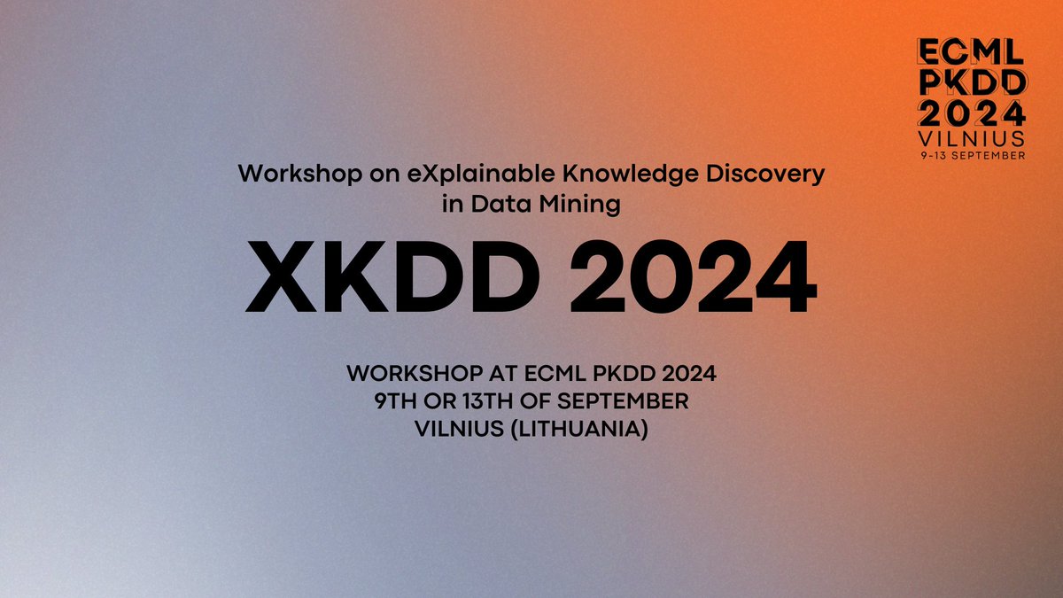 Workshop on eXplainable Knowledge Discovery in Data Mining (XKDD) event co-located with the @ECMLPKDD 2024. Learn more about ML and explainable data! Keynotes: @PrzeBiec @DinoPedreschi @eliana__pastor @fspinna
