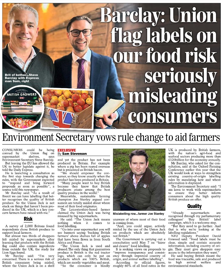🇬🇧 In today's @Daily_Express: Consumers could be being conned by the Union flag on ­supermarket shelves, says Environment Secretary @SteveBarclay. 🚜 Farmer @JoeWStanley warns Brits 'unaware of where most of their food is coming from'. 🗞 Read online: shorturl.at/bmLPV