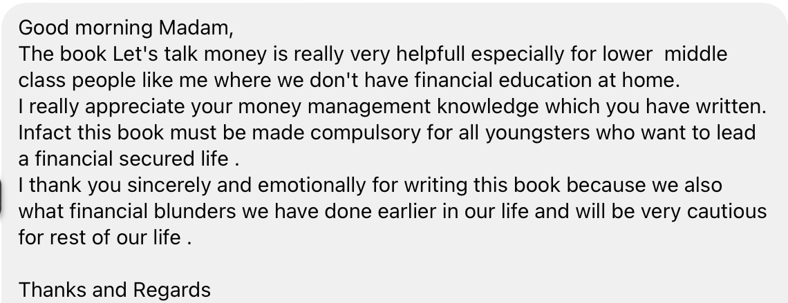 Each time I get a message like this, it makes my day! Thank you readers for reaching out with your thoughts and wishes. #LetsTalkMoney @HarperCollinsIN