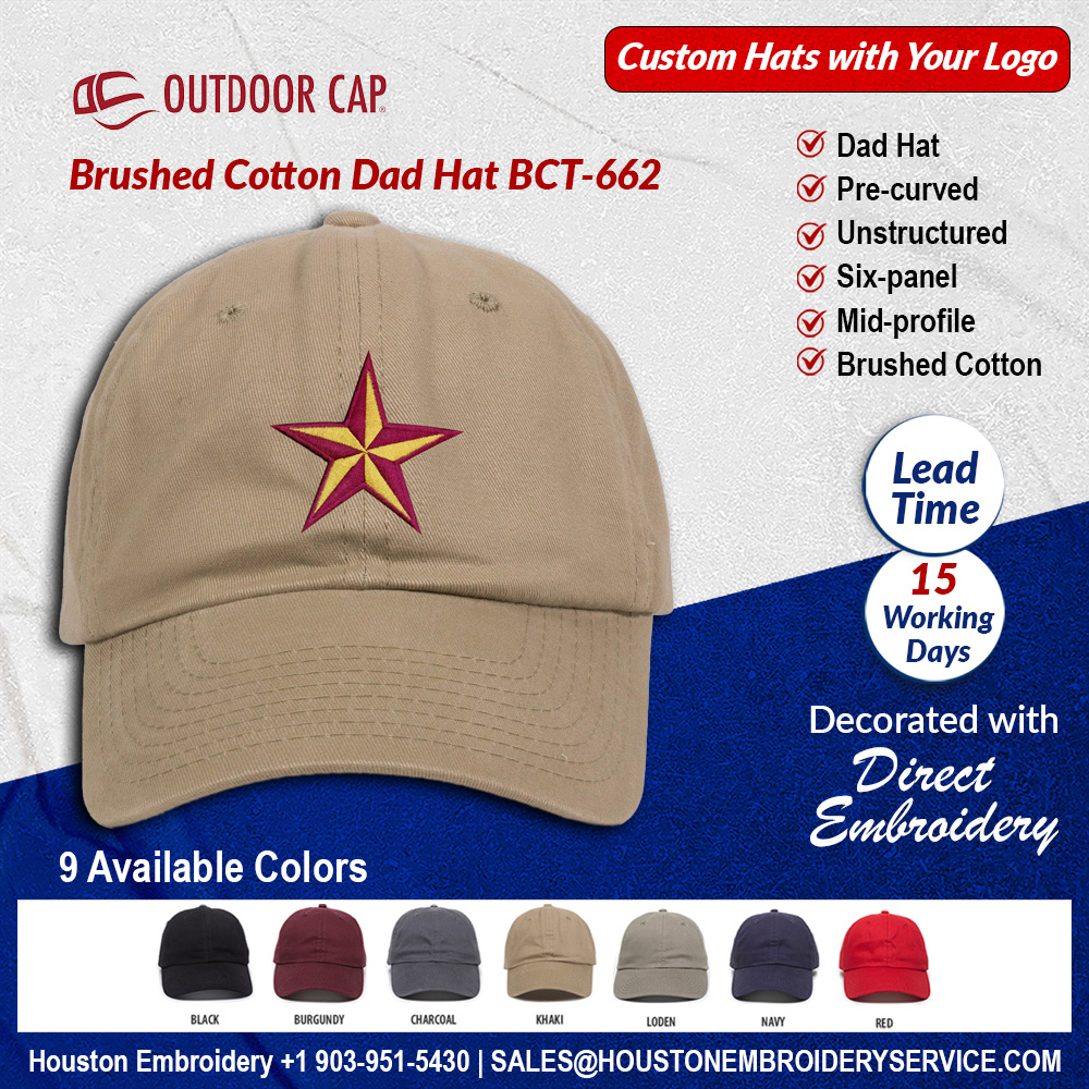 Outdoor Cap Brushed Cotton Dad Hat BCT-662

houstonembroideryservice.com/outdoor-cap-br…

Dad Hat - Pre-curved - Unstructured - Six-panel - Mid-profile - Brushed Cotton
#truckerhat #fittedhats #baseballhat #dadhats #golfhat #snapbackhat #customcaps #customcapsinbulk #customembroideredcaps #customhats