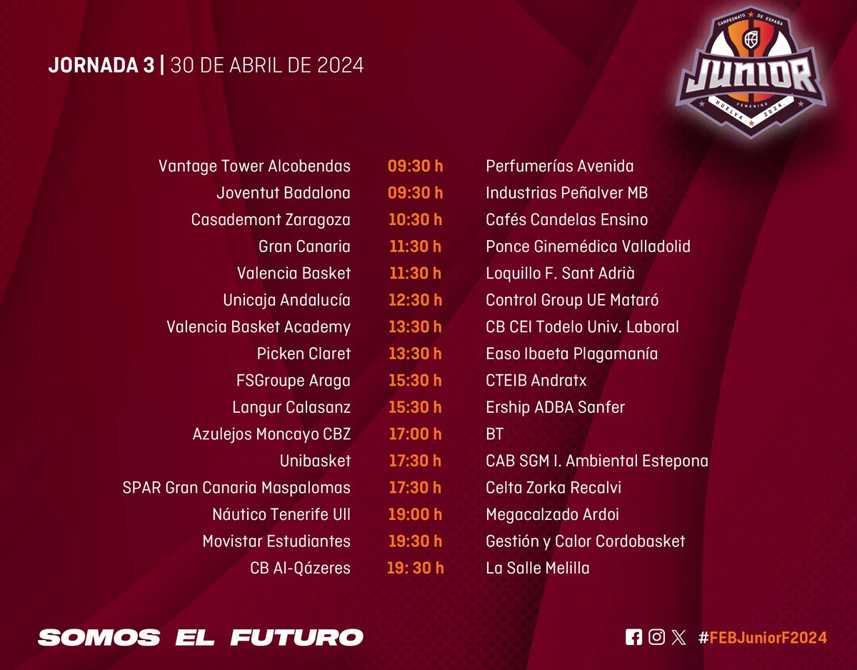 🏆 #FEBJuniorF2024: Último día de fase de grupos en Huelva ▶️ La sesión de mañana vivirá un gran @BaseCBGC 🆚 @PonceVaCB 🕗 Desde las 09:30h ⛹️‍♀️ bit.ly/3JCMFKc 📊 bit.ly/3WfTby4 📺 bit.ly/4aTmz1s 📸 bit.ly/3JKofhP