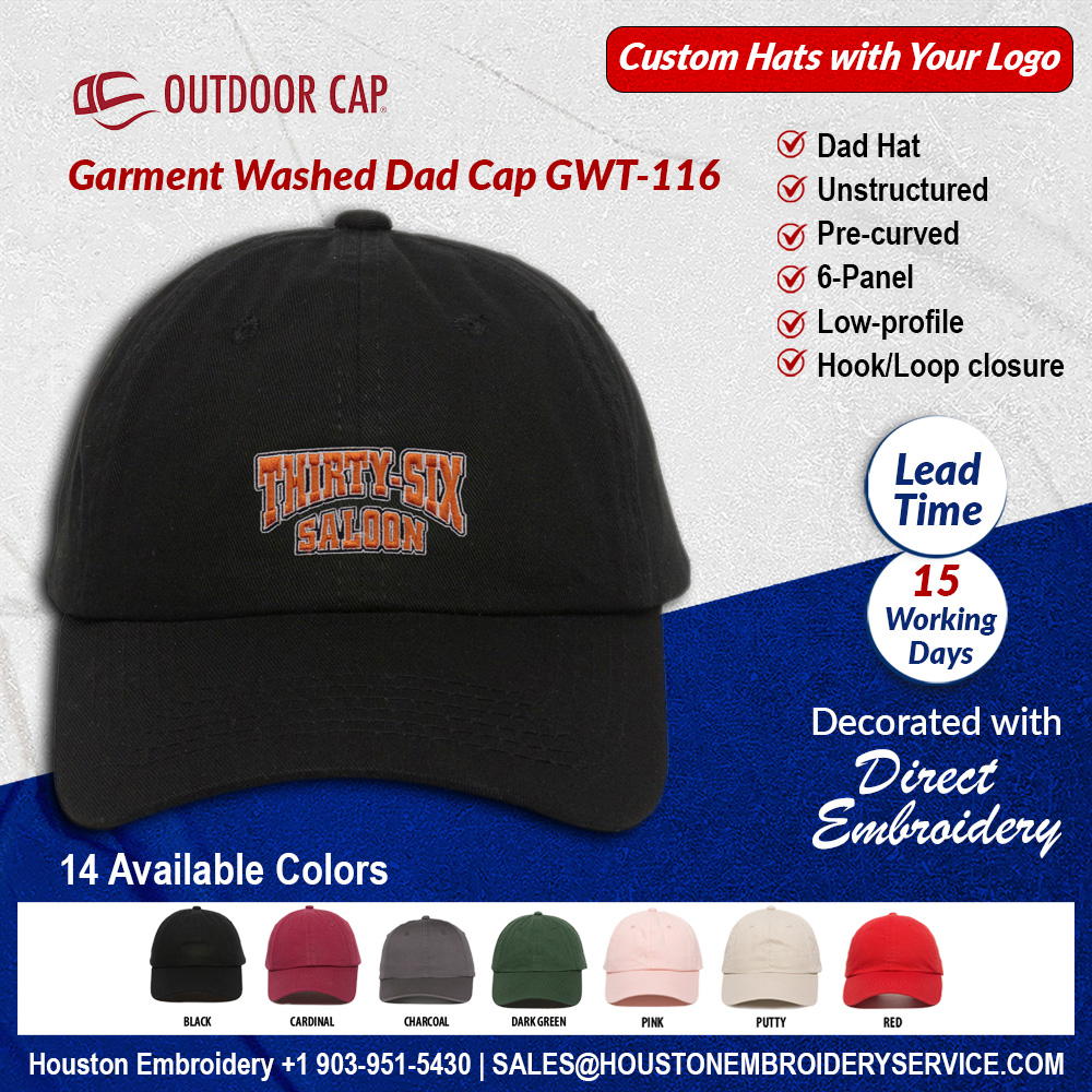 Outdoor Cap Garment Washed Dad Cap GWT-116

houstonembroideryservice.com/outdoor-cap-ga…

Dad Hat - Unstructured - Pre-curved -6-Panel -Low-profile - Hook/Loop closure

#truckerhat #fittedhats #baseballhat #dadhats #golfhat #snapbackhat #customcaps #customcapsinbulk #customembroideredcaps #customhats