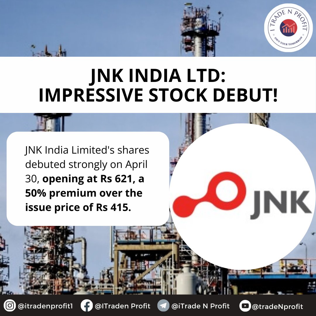 🚀✨ JNK India Limited made a powerful debut on April 30, opening at Rs 621, a 50% premium over the issue price of Rs 415. #StockMarketDebut #ImpressiveStart