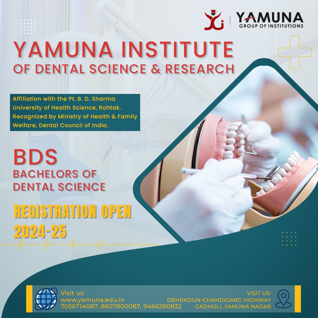 Our BDS program offers comprehensive training and hands-on experience to shape you into skilled dental professionals.

#BDS #Dentistry #YamunaGroup #DentalEducation #BDSadmissions #BDSeducation #admissionsopen #admissionopen2024 #yamunanagar #YIDSR #YGI