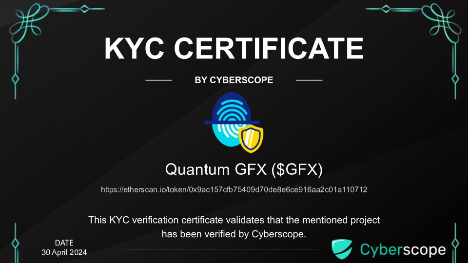 We just finished the KYC for @QuantumGFXai Check the certification. coinscope.co/coin/1-gfx/kyc Want to get KYC for your project? cyberscope.io #Crypto #Blockchain #Kyc