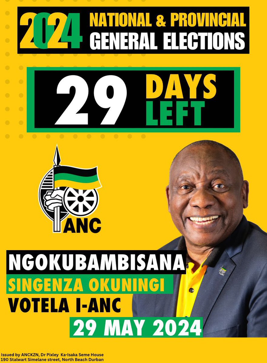 29 Days to go until the 2024 National and Provincial Elections on the 29th of May 2024! 1st Ballot: #VoteANC ❎ 2nd Ballot: #VoteANC❎ 3rd Ballot: #VoteANC❎ #VoteANC2024 #LetsDoMoreTogether