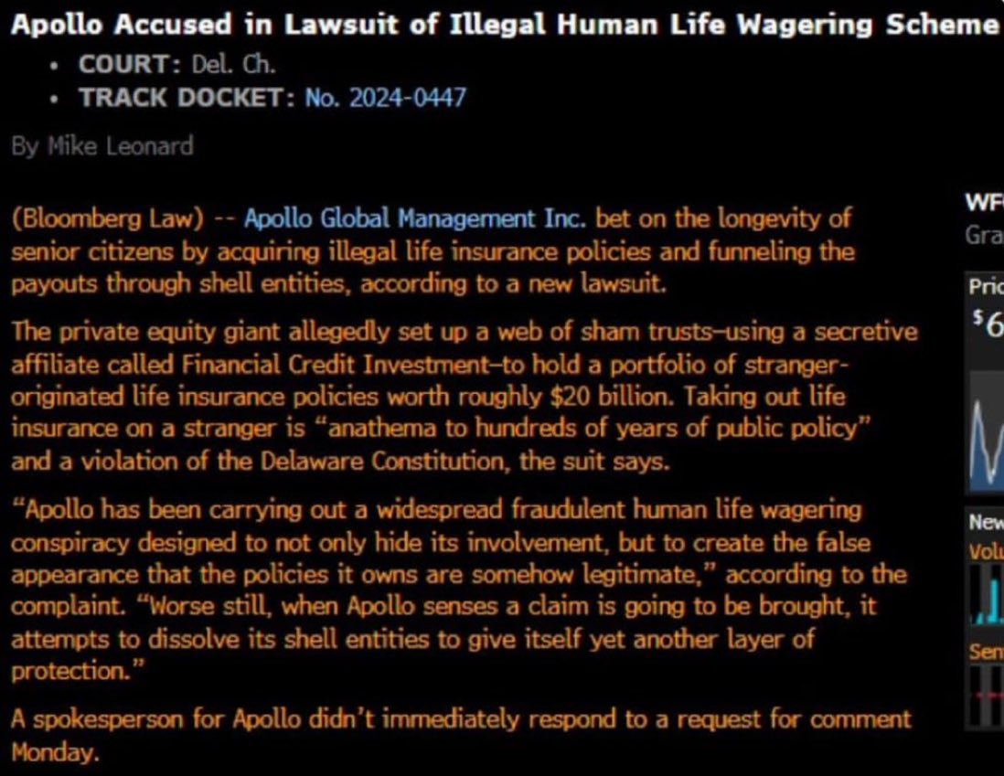 Apollo global is accused of “illegal life wagering scheme”

Y’all see this ? 

Whaaaat the