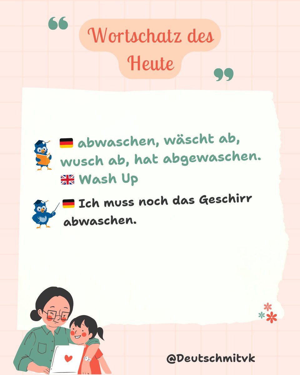 Hallo👋🏻, Guten Tag Leute!

📌Formuliert in den Kommnetaren euren eigenen Satz mit der Vokabeln⤵️

+ 🇩🇪 das Geschirr, Pl.: die Geschirre = 🇬🇧 Crockery, dishes, dinnerware.

🟢 Nach dem Abendessen hab ich abgewaschen.
🔴 Wäschst du das noch einmal bitte gut ab.

#langtwt