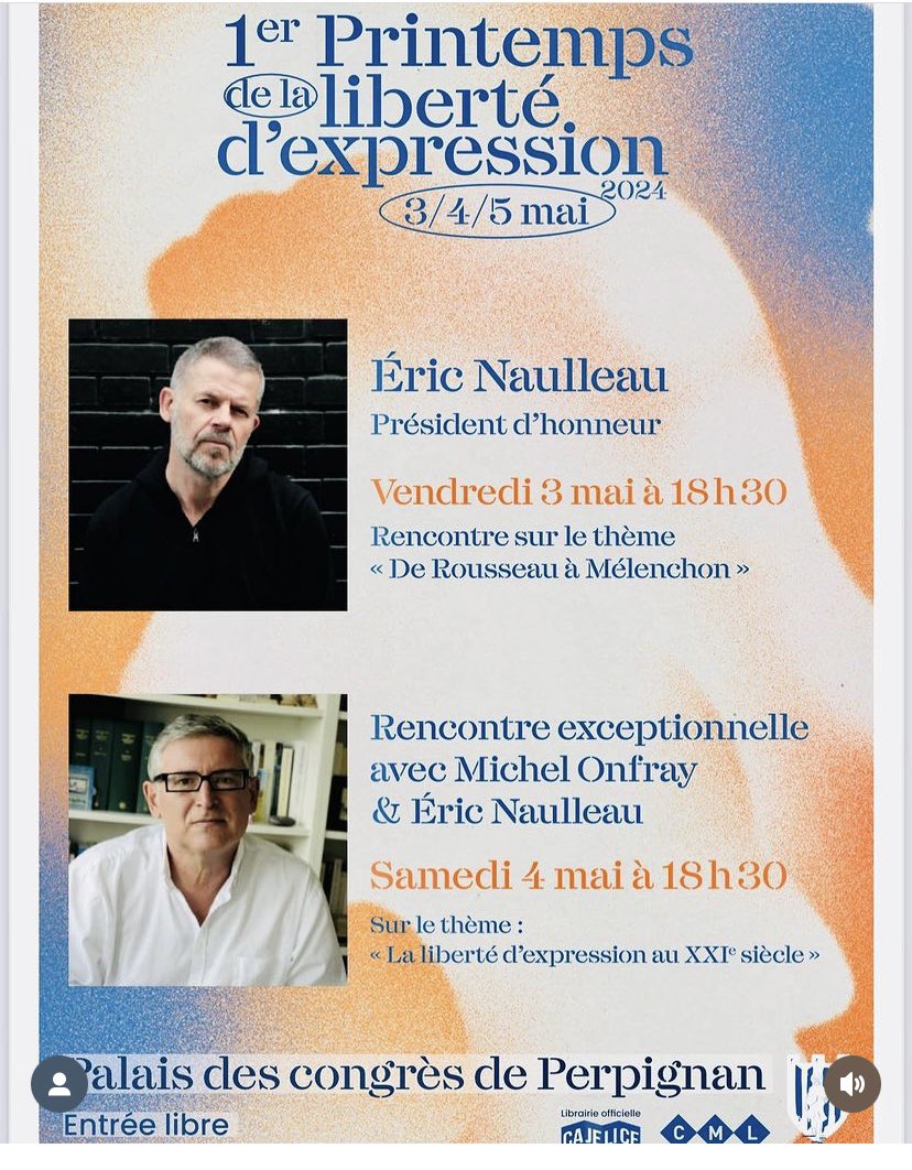 Rendez-vous les 3, 4 et 5 mai à Perpignan pour le 1er Printemps de la liberté d’expression dont je suis le Président d’honneur. Entrée libre !