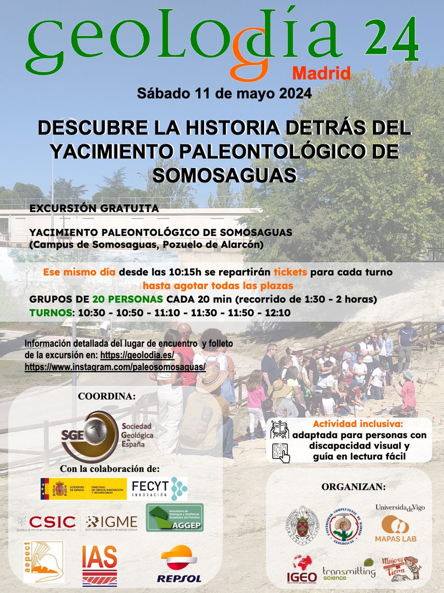 El próximo 11 de mayo celebraremos en el yacimiento paleontológico de Somosaguas el #Geolodía24, actividad gratuita y abierta a todos los públicos. Adaptada para personas con discapacidad visual. Habrá disponibles guías en lectura fácil todo el recorrido. igeo.ucm-csic.es/geolodia24-en-…