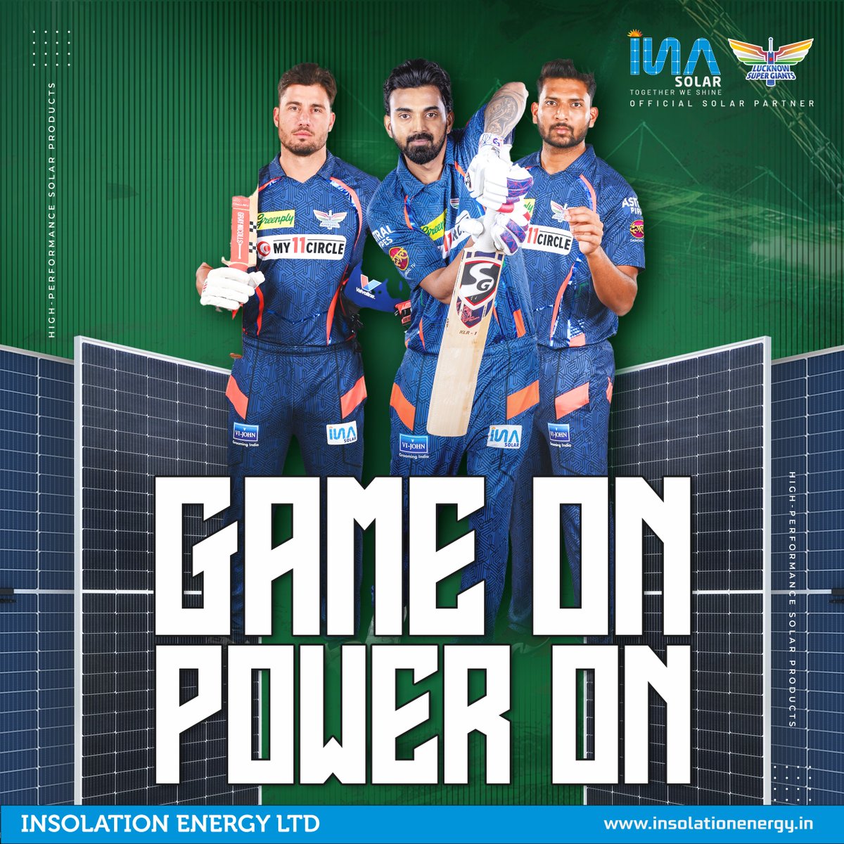 The Nawabs all geared up for the clash against Mumbai Indians tonight at their home turf- Ekana Sports City! 
INA Solar extends more power to the LSG Brigade for a 'shining victory'.

#INASolar #InsolationEnergy #LucknowSuperGiants #ipl2024 #ipl #matchday #bestsolarcompany