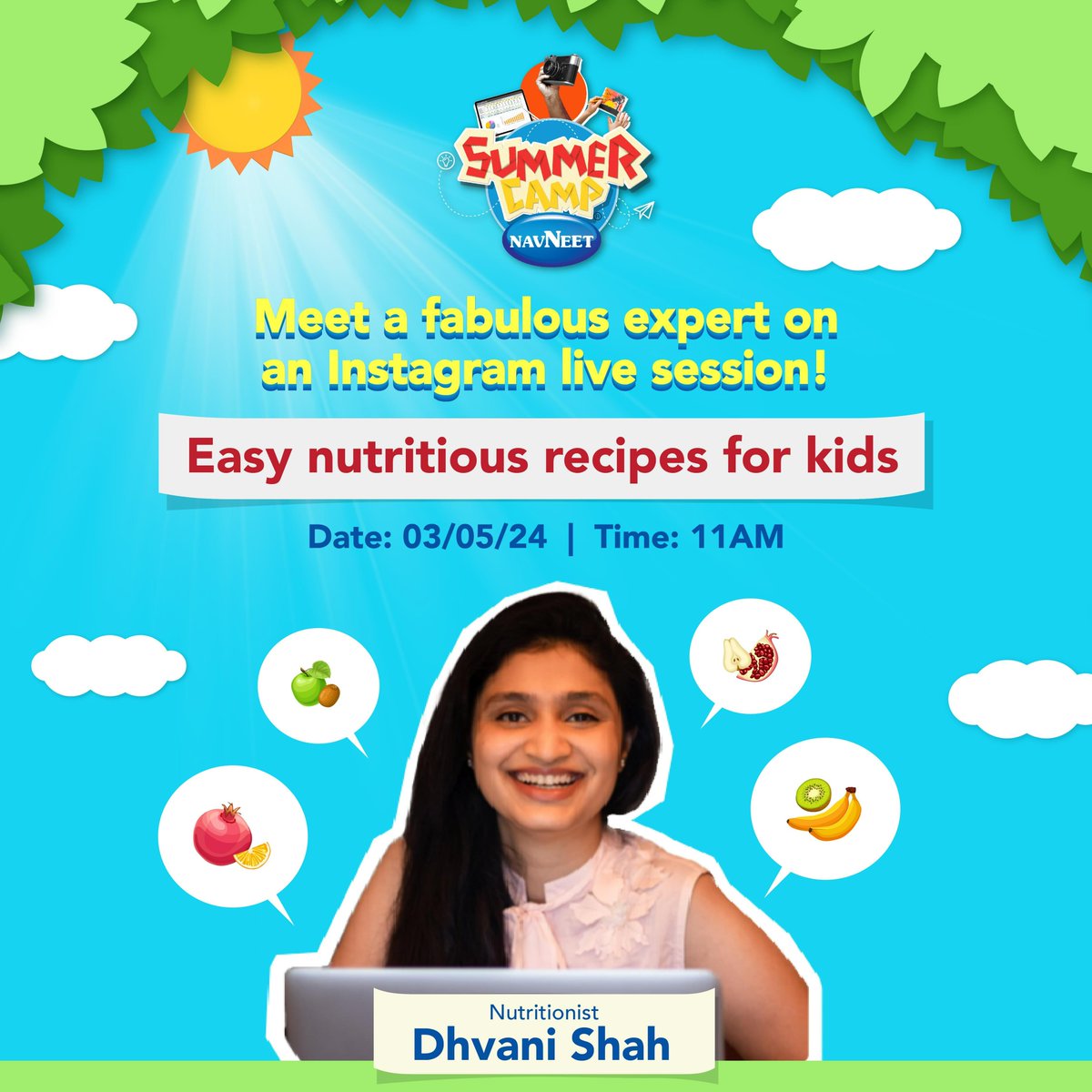 Get ready to have a cooking blast with Dhvani Shah! Join our Instagram Live on May 3rd, 2024, and whip up some super yummy and easy recipes. Let's make cooking fun together!

#NavneetEducation #Navneet #NavneetIndia #Education #summercamp #fun #NavneetSummerCamp