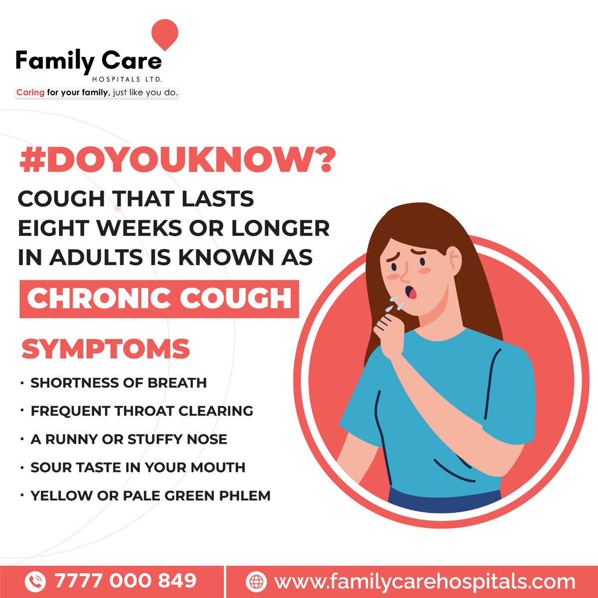 Observing symptoms of chronic cough? Pulmonology experts with world class facilities, now at your service. 

Book an appointment now!

Call us Now @ +91 7777 000 849

#FCH #Familycare #FamilyCareHospitals #chroniccough #Pulmonology