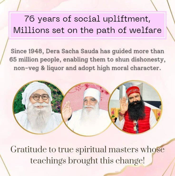 Nehainsan25's tweet photo. Various welfare works are done by more than 65 million people living across the globe under the guidance of Saint Dr MSG Insan,the third spiritual master of DSS .Today the disciples are celebrating their #76YearsOfDeraSachaSauda Foundation Day https://t.co/9AEXPJAey5
