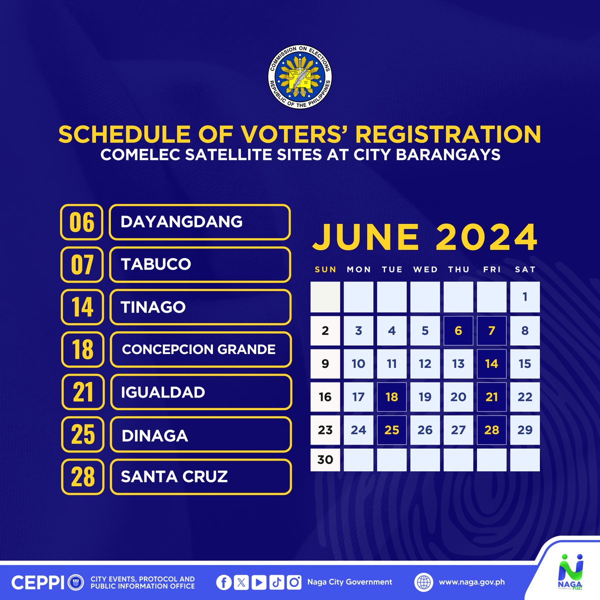 nagacitygov's tweet photo. Have you registered for the 2025 National and Local Elections? COMELEC will be opening their satellite sites for the 27 barangays of the city. Now you will be able to register conveniently! Check for the schedule below.
#COMELEC #NLE2025 #ResponsablengBotante #NagaNa #UswagPa https://t.co/md9IYfOE3t