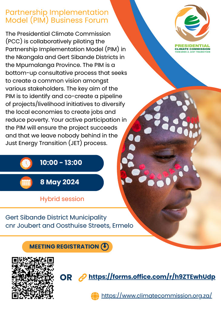 🌱 Join us at the PCC's Partnership Implementation Model (PIM) Business Forum as we shape a sustainable future in Mpumalanga Province.🌍 RSVP to reserve your spot! 📍Nkangala forms.office.com/r/hTnCXyGdwx 📍Gert Sibande forms.office.com/r/h9ZTEwhUdp #PIMBusinessForum #JustTransition
