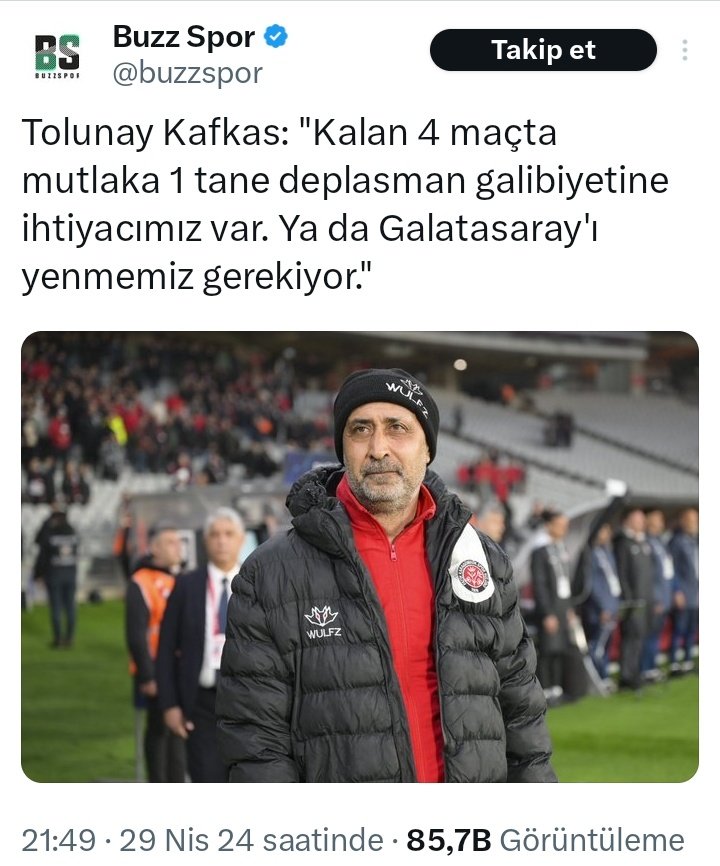 Vay vay vay 
Tolunay efendi Galatasarayı şampiyon yapmak isteyenlere
'Önümüzdeki Cumartesi  Kayserispor maçında hanemize 3 puan yazılması lazım yoksa Galatasarayı yenmek zorunda kalabiliriz' 
mesajını göndermiş