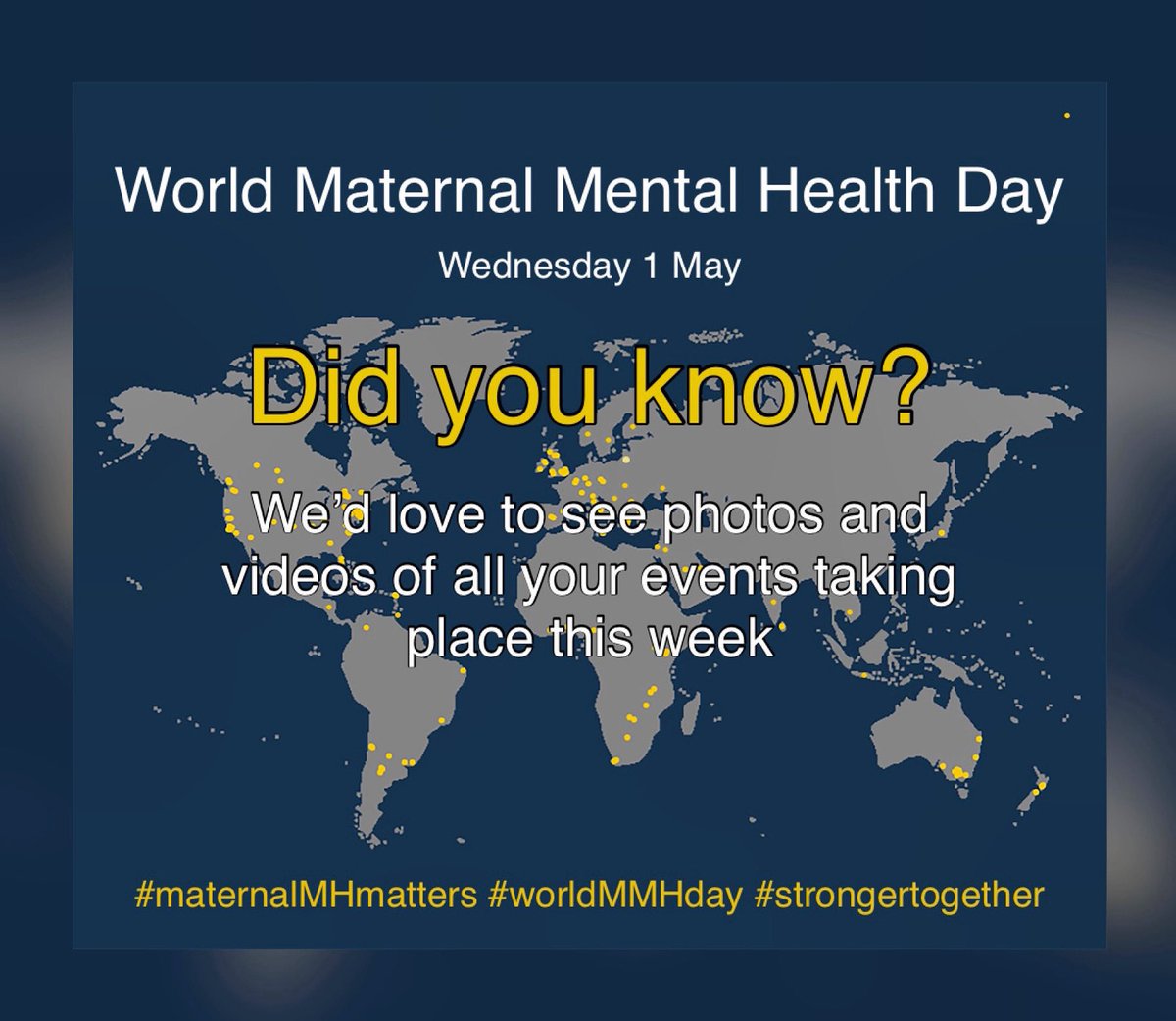 Tag us and use #worldmmhday #StrongerTogether #maternalmhmatters in your posts and stories so we can see and share what you’ve been up to, to help raise awareness for Maternal Mental Health Awareness Week