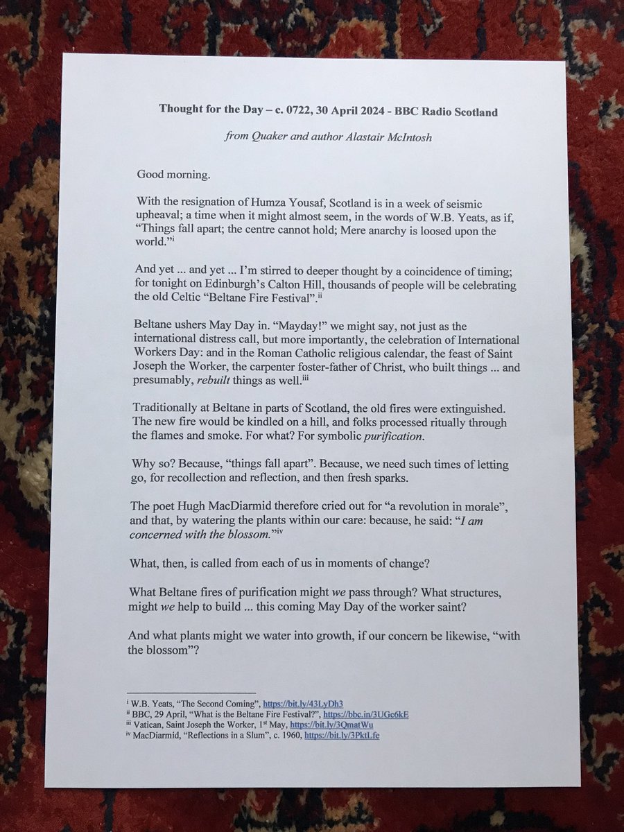 On Scottish politics, the #Beltane Fire Festival, and tomorrow’s May Day’s marking of St Joseph the Worker - link below to text of this morning’s BBC Radio Scotland Thought for the Day, or listen to it at around 0723 or 1:23 in.