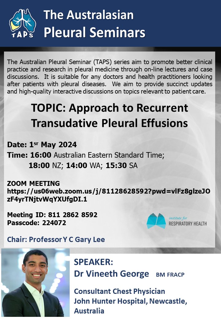 The Australasian Pleural Seminars (TAPS): May 1st. Approach to Recurrent Transudative #Pleura #Effusions. Join @vin_george2 of @HNEHealth @HMRIAustralia @Uni_Newcastle! @PulmPEEPs @tsanz_thoracic @PleuralPOCUS @UKPleura @ARNS_UK @pocus_today @APSRapsr @BRONCHOLOGISTS @AlatTorax