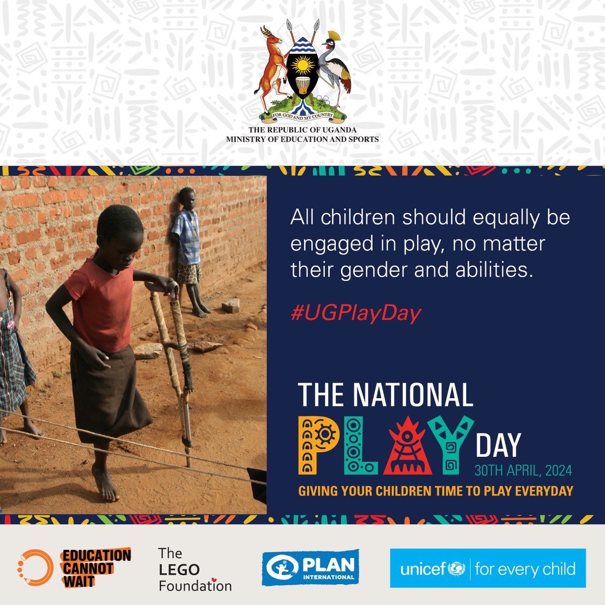 Uganda National Play Day, a partnership between @GovUganda , @UNICEFUganda , @LEGOfoundation , Education Cannot Wait, and @NG_PLAN , promotes learning through play. #PlayDayUg