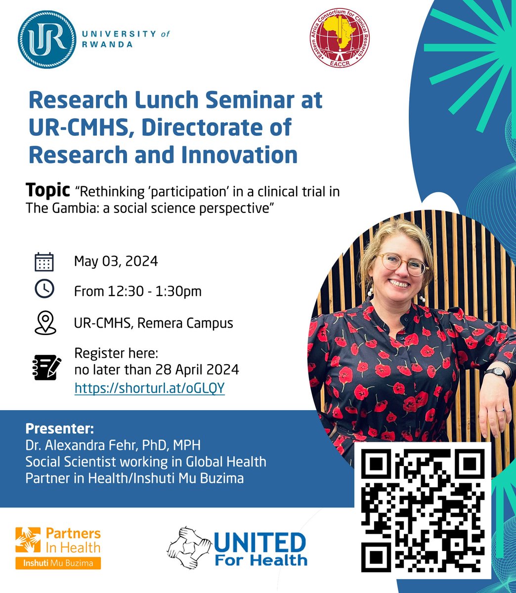 Research Lunch Seminar at UR-@UCmhs, Directorate of Research and Innovation on May 03, 2024, from 12:30 - 1:30pm at UR-CMHS, Remera Campus. Presented by @alexandra_fehr DON'T MISS REGISTER TODAY shorturl.at/oGLQY @ughe_org @PIH_Rwanda @RBCRwanda @alineuwimana @Uni_Rwanda