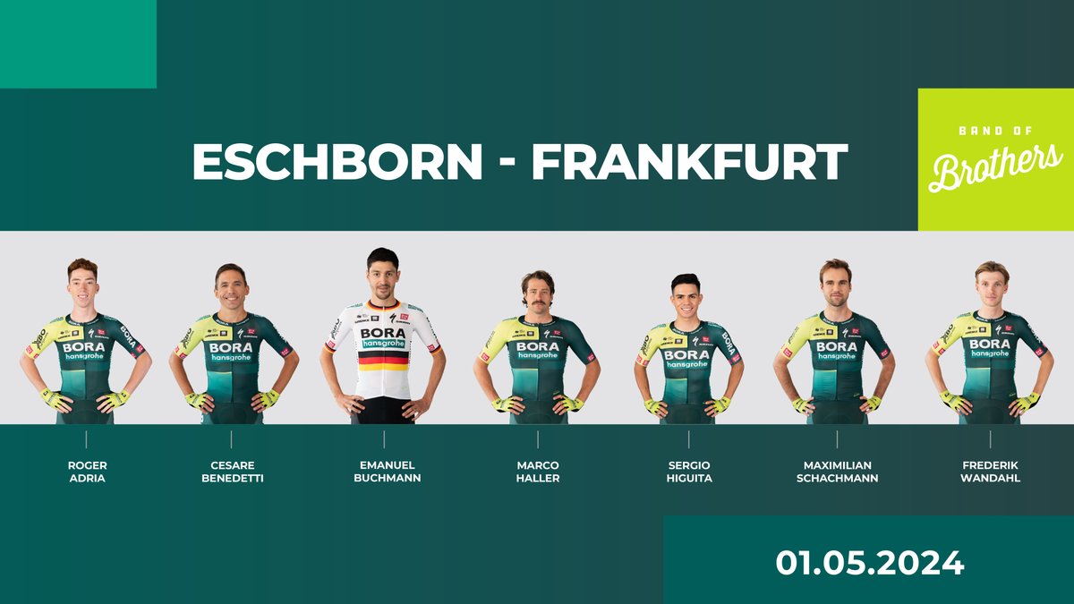 Tomorrow we will be racing in Germany. 🇩🇪 Meet our team for #EschbornFrankfurt 👉 Roger Adria 👉 Cesare Benedetti 👉 Emanuel Buchmann 👉 Marco Haller 👉 Sergio Higuita 👉 Maximilian Schachmann 👉 Frederik Wandahl #BORAhansgrohe #BandofBrothers