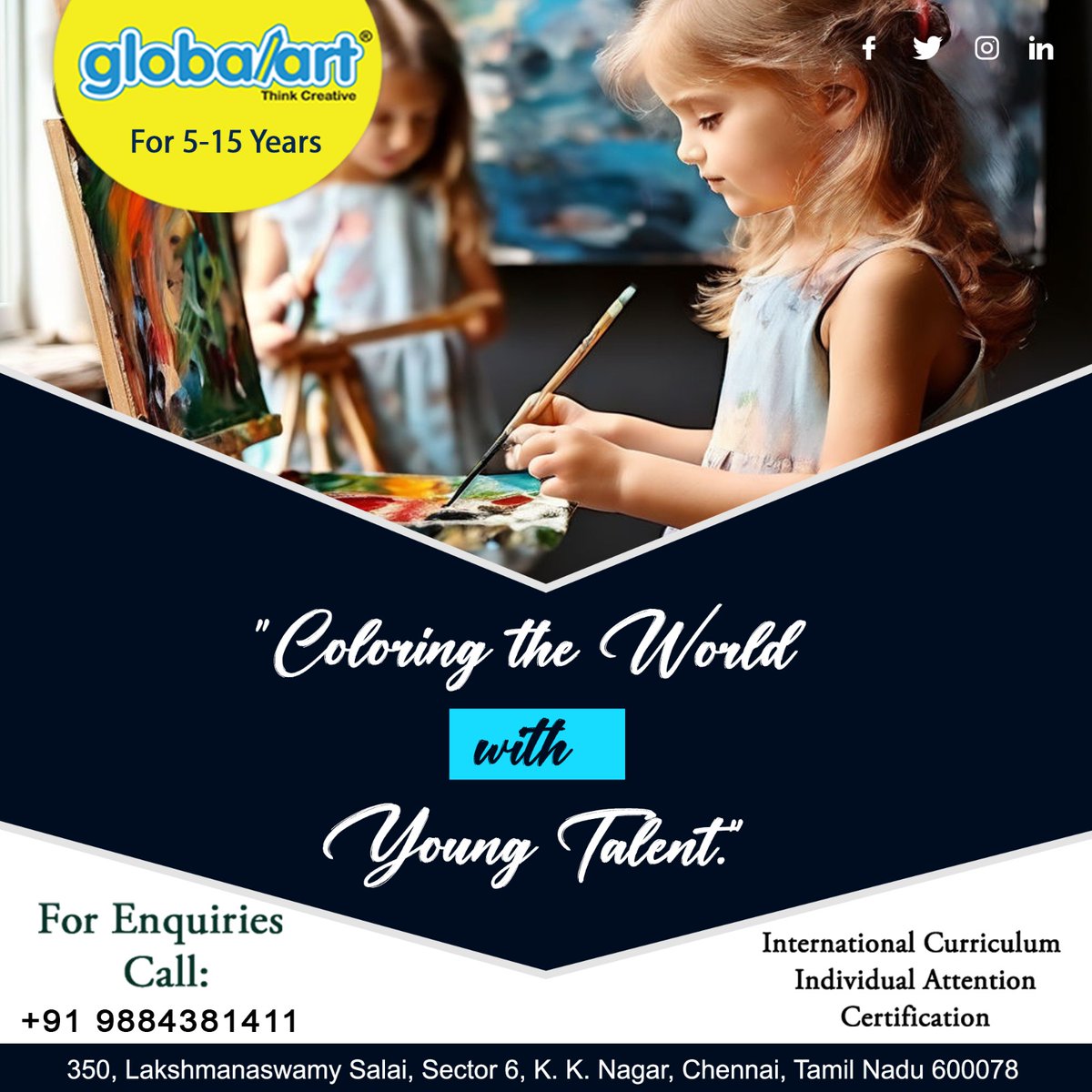Globalart K K Nagar
'Brushing Life's Canvas With Art'
For more details call us: +91 9884381411
#ArtClasses #LearnArt #ArtInstruction #ArtEducation #ArtLessons #ArtWorkshops #CreativeClasses #ArtSchool #ArtTutorial #PaintingClass #DrawingClass #SculptureClass #CraftClasses
