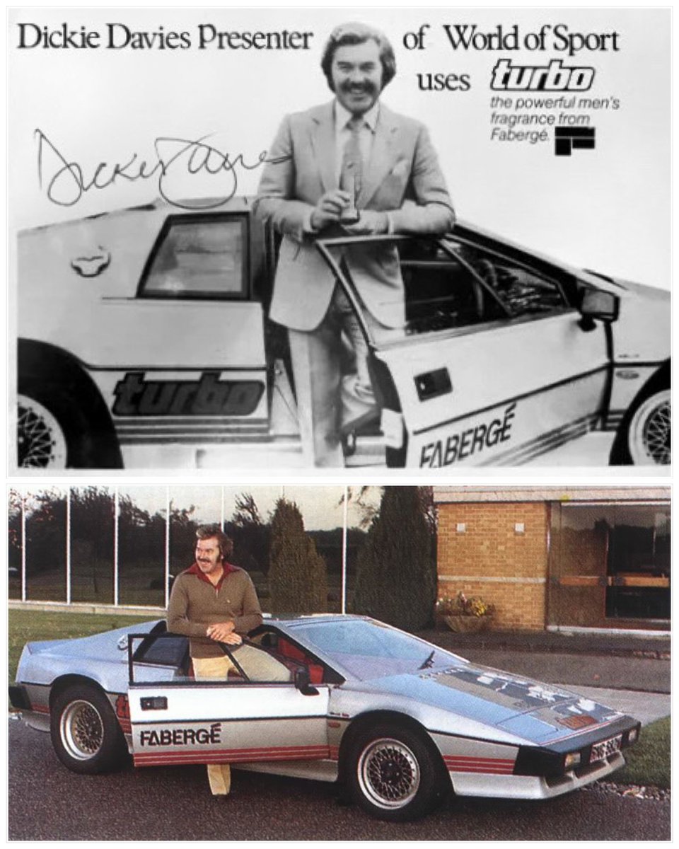 The epitome of 1980s cool … a Lotus Esprit Turbo, Fabergé, and Dickie Davies, legendary anchor of ITV’s World of Sport, who was born #OnThisDay in 1928.