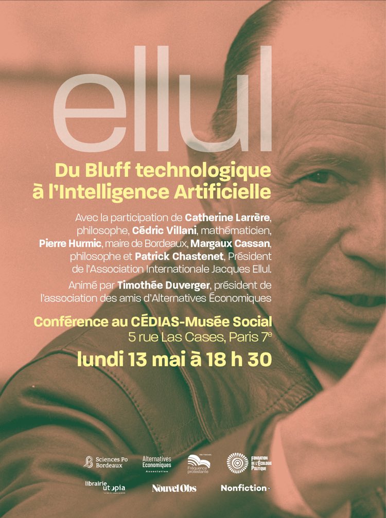 Nous organisons une conférence autour de la pensée de Jacques Ellul, que j’animerai le 13 mai prochain à Paris. Y participeront notamment @PierreHurmic et @VillaniCedric 👉 helloasso.com/associations/f…