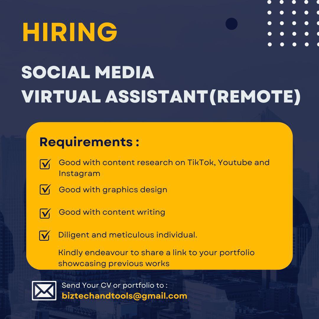 Position: Social media VA(fully remote) If you're good with graphics design, content research and content writing, send an application including a link to your portfolio to the email address on the flier.