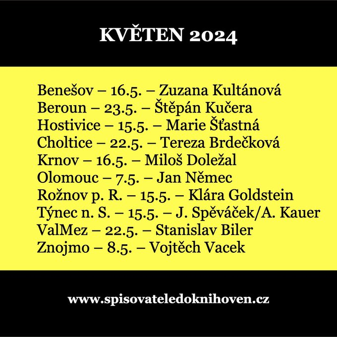 Spisovatelé do knihoven pokračují květnovým cyklem čtení pozoruhodných jmen současné poezie a prózy na deseti místech České republiky. Živá literatura vám text přiblíží ústy své autorky či autora, nikdo jiný ho tak číst nebude. Přijďte!
