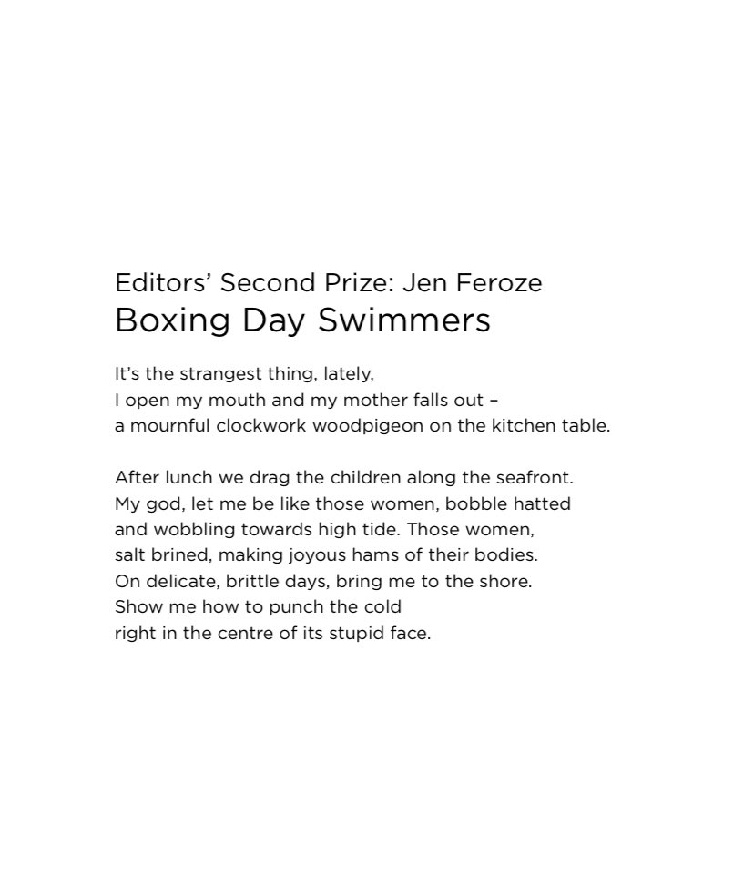 ‘Show me how to punch the cold/ right in the centre of its stupid face’ 🐦 🌊 Jen Feroze @jenlareine won the Editors’ Second Prize in the @magmapoetry competition in 22/23 with ‘Boxing Day Swimmers’ magmapoetry.com/wp-content/upl…