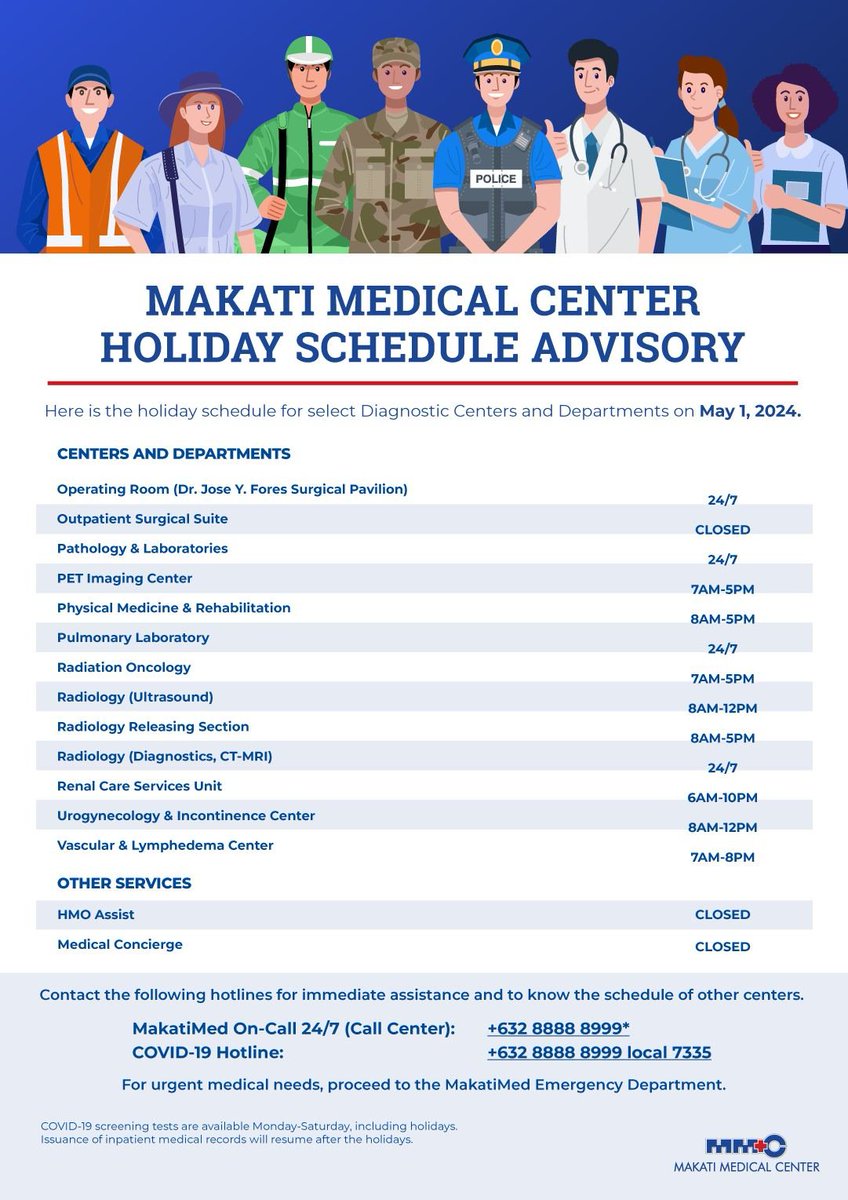 MAKATIMED ADVISORY: In observance of Labor Day (Araw ng Manggagawa) on May 1, Wednesday, please take note of our adjusted service hours below. Stay safe, everyone! #MakatiMedOfficial #LaborDay #LaborDay2024