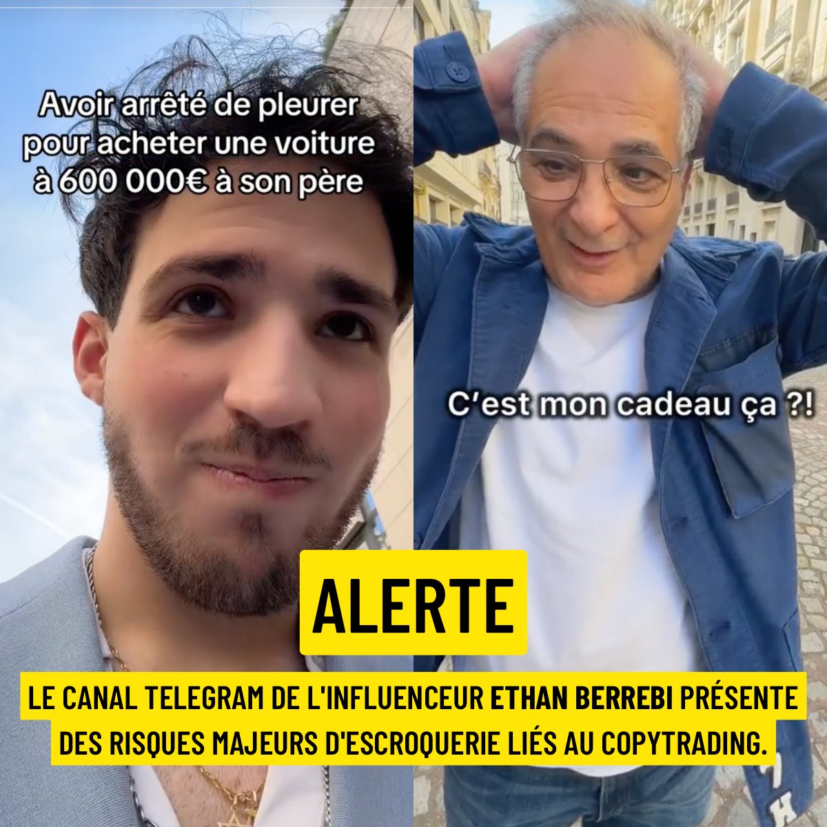 1/3 ⚠️ ALERTE ⚠️ Le tiktokeur #EthanBerrebi utilise des buzz pour attirer des followers, souvent jeunes, puis les incite, avec la complicité de son père, à rejoindre un canal Telegram. C'est là qu'il propose du #copytrading à haut risque assorti de faux résultats de gain.