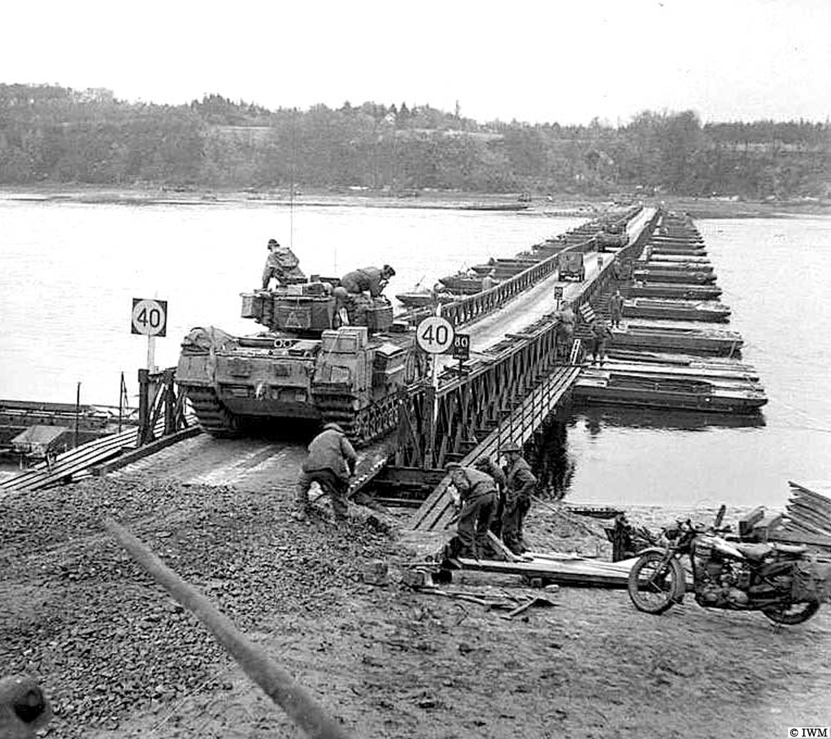 #OTD in 1945, Germany. A Churchill tank from 6 Guards Tank Brigade crossing a pontoon bridge over the Elbe River. #WW2 #HISTORY