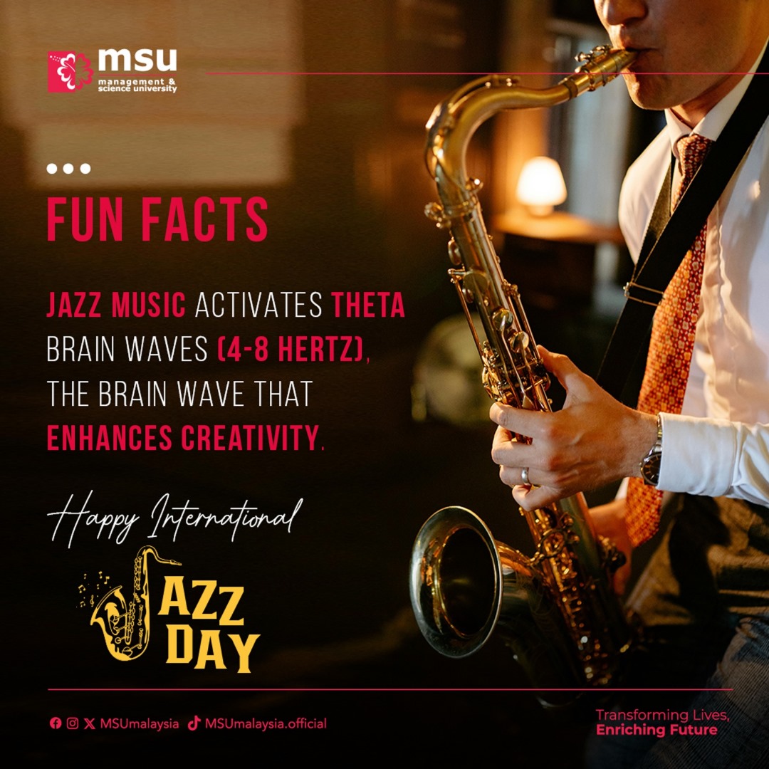Did you know that listening to jazz increases your creativity? To put it plainly, they bring about “eureka!” moments. Click here to learn all things music bit.ly/49XSvAG. #MSUmalaysia #InternationalJazzDay