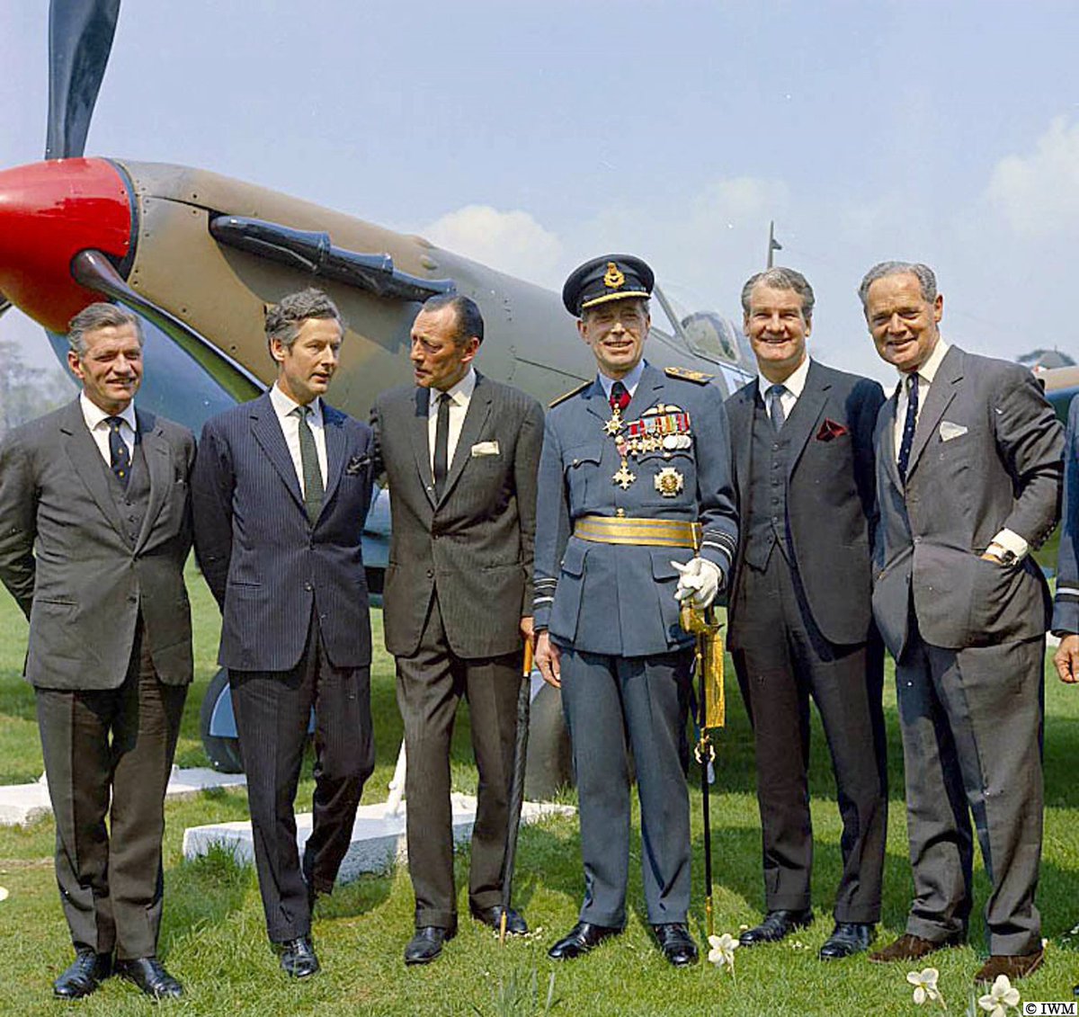 #OTD in 1968, Bentley airfield. In civvies: Air Vice Marshal 'Johnny' Johnson CBE DSO** DFC*, Group Captain P.W. Townsend CVO DSO DFC*, Wing Commander R.R.S. Tuck DSO DFC** DFC, Air Commodore A.C. Deere OBE DSO DFC* DFC and Group Captain Sir Douglas Bader CBE DSO* DFC*.