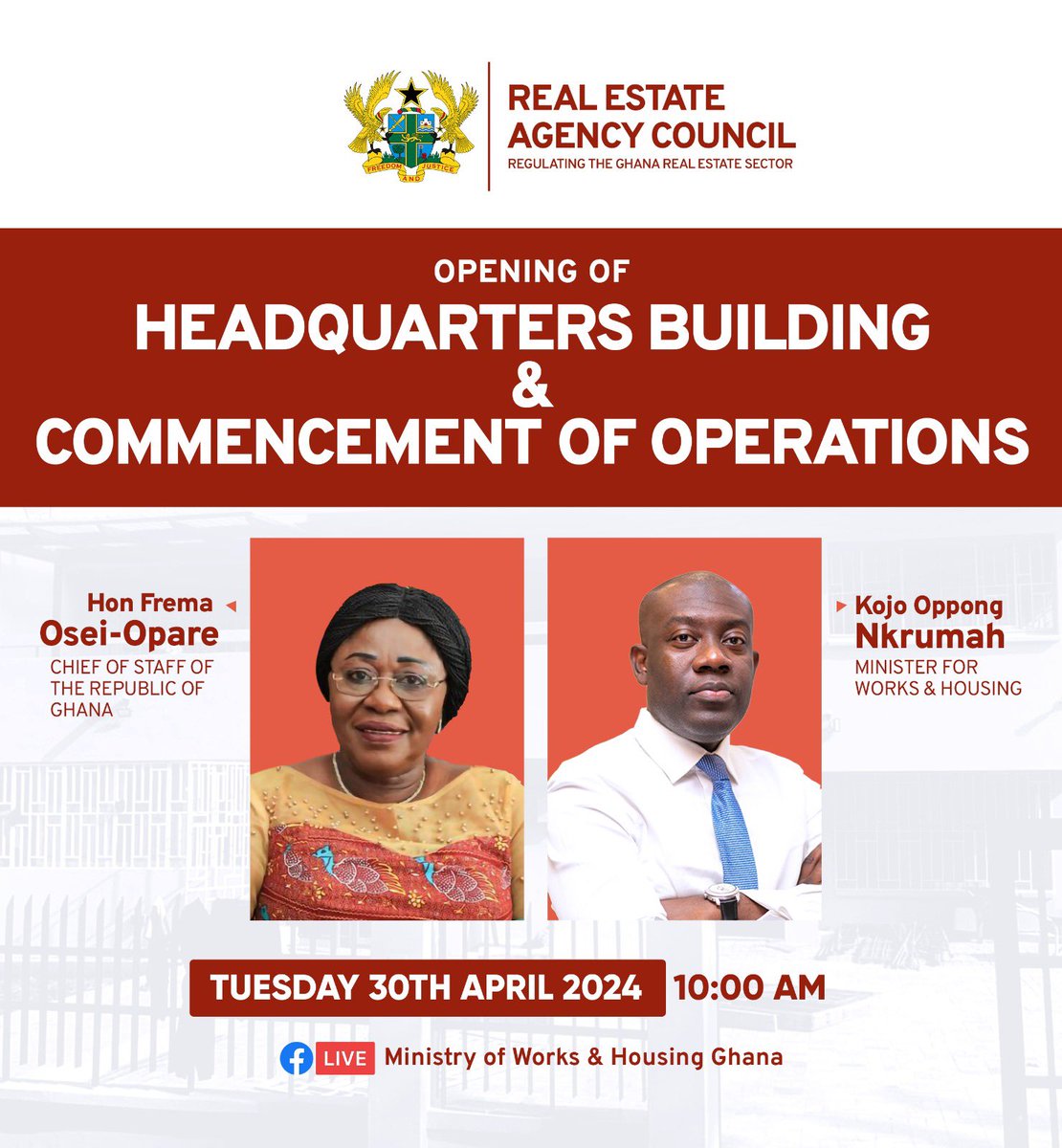 This morning we commence operations at Ghana’s Real Estate Agency. The agency is set up to regulate real estate transactions and ensure players in the sector comply with requirements that will deepen confidence in the sector.