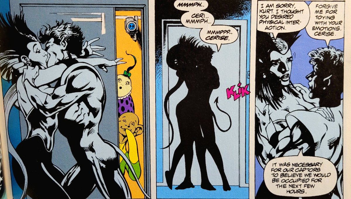 This page from Excalibur issue 65 got me BLUSHINNGGGG. His hand on her waist?? The KISS!?!

Kurt said *HOURS.* 
PHEWWWW 🥵🥵🥵💦
#Nightcrawler #Excalibur #Cerise #KurtWagner