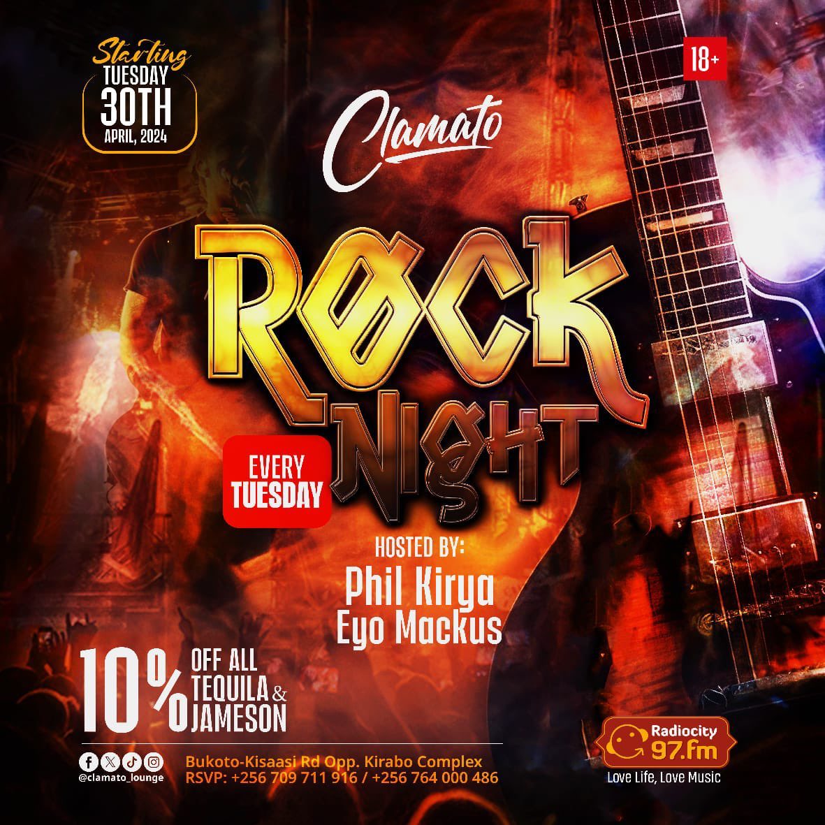 TUESDAY PLOT: 30/04 

📌 Rock Night 

📍 @clamato_lounge 

Join @PhilKirya & @EyoMackus tonight, as they lead the way into a new era of Tuesday Rock Music 🎶 @clamato_lounge.