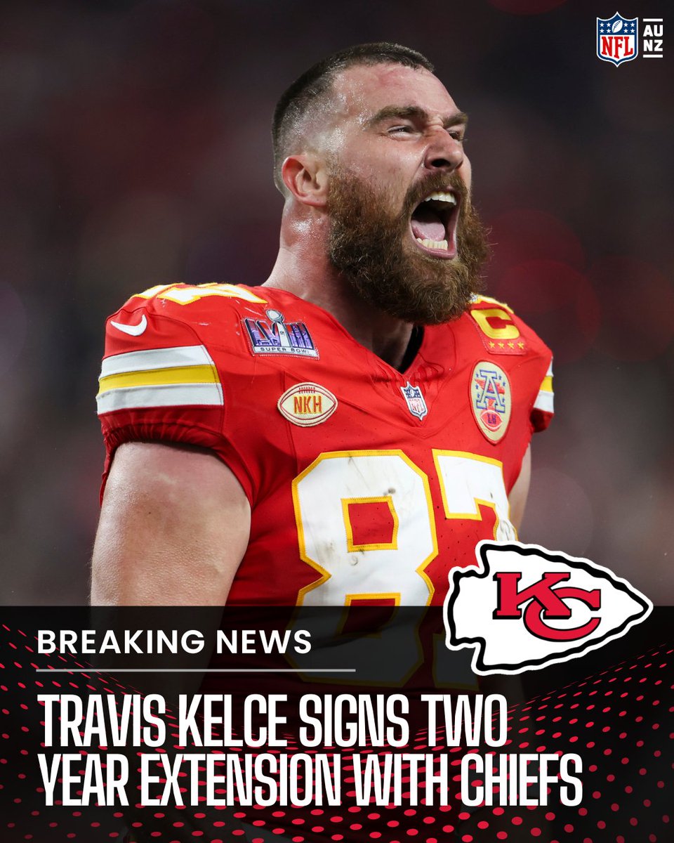 New news! 3x Super Bowl champion @tkelce has re-signed for two more years with the @Chiefs. 3-peat on the horizon? 🔜🏈 #NFL #ChiefsKingdom