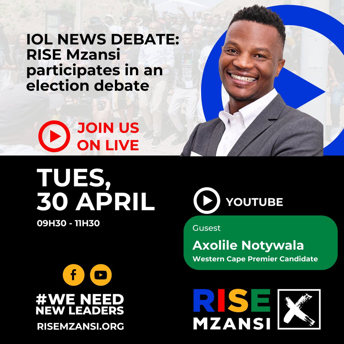 Join @AxolileNotywala, Western Cape Premier Candidate, live at IOL news debate talking about the upcoming elections. 

To follow the conversation, please click the link: rb.gy/24frjd

#AxolileForWCPremier  #WeNeedNewLeaders