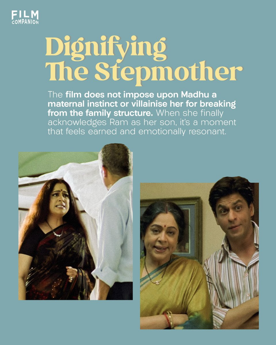 Dignifying The Stepmother: When Madhu finds out about her husband’s affair, she immediately leaves him. The film does not impose a maternal instinct or villainise her for breaking from the family structure, giving her the space to process her feelings on her own terms. Kirron