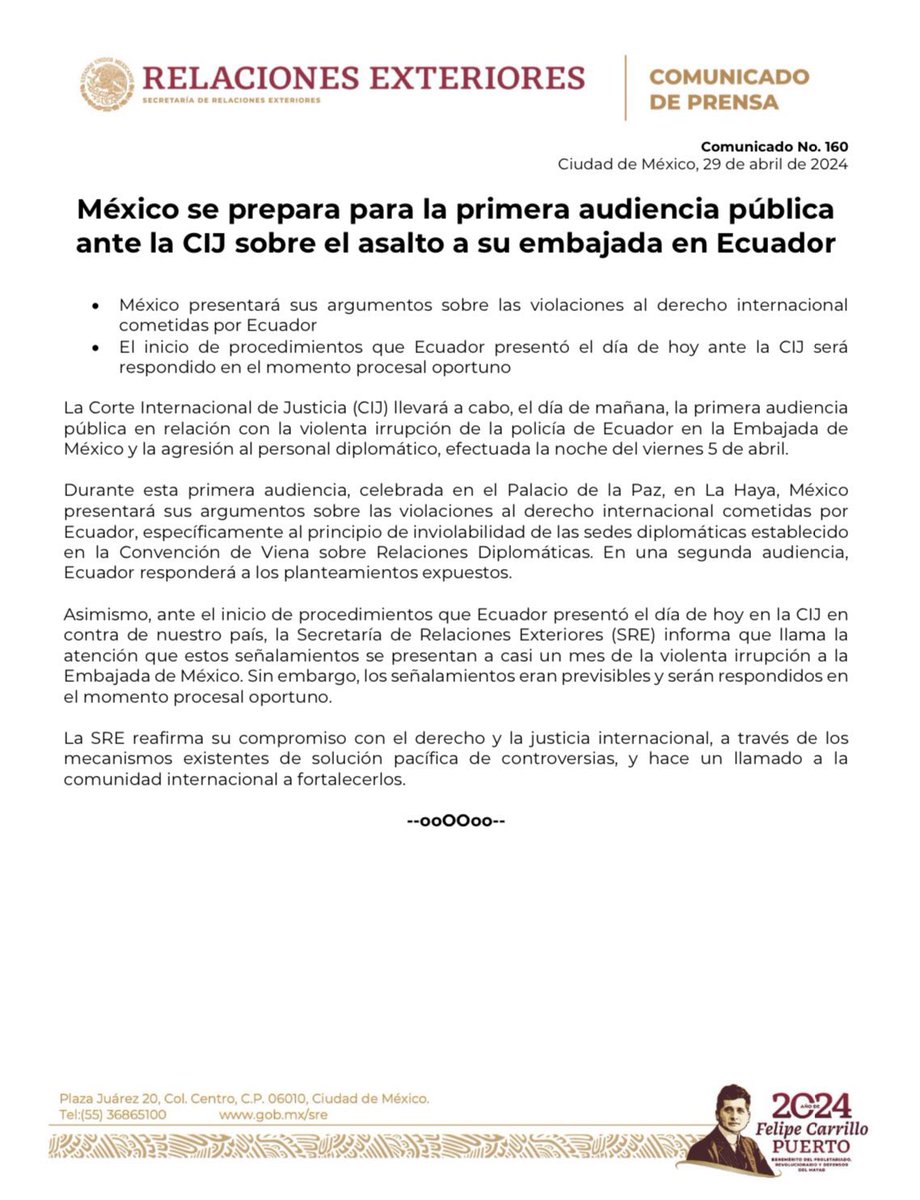 México se prepara para la primera audiencia pública ante la Corte Internacional de Justicia sobre el asalto a su embajada en Ecuador