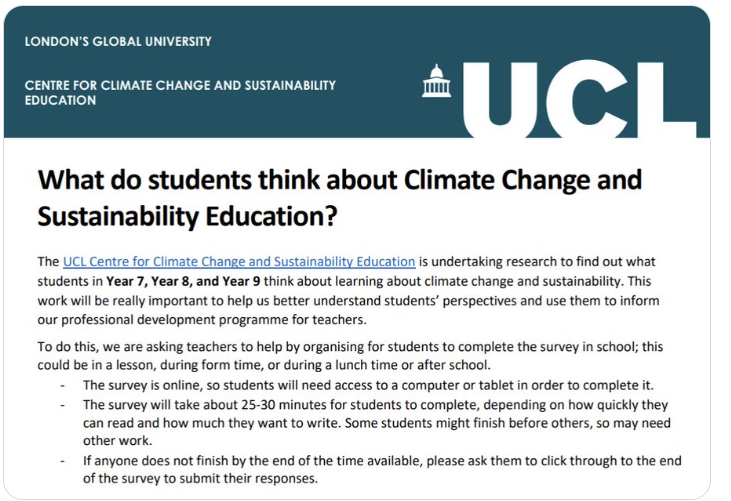 Can you support us at @UCL_CCCSE to find out what Year 7, Year 8, and Year 9 students in England think about climate change and sustainability education? Survey Link: qualtrics.ucl.ac.uk/jfe/form/SV_bl… Instructions for teachers: qualtrics.ucl.ac.uk/CP/File.php?F=…