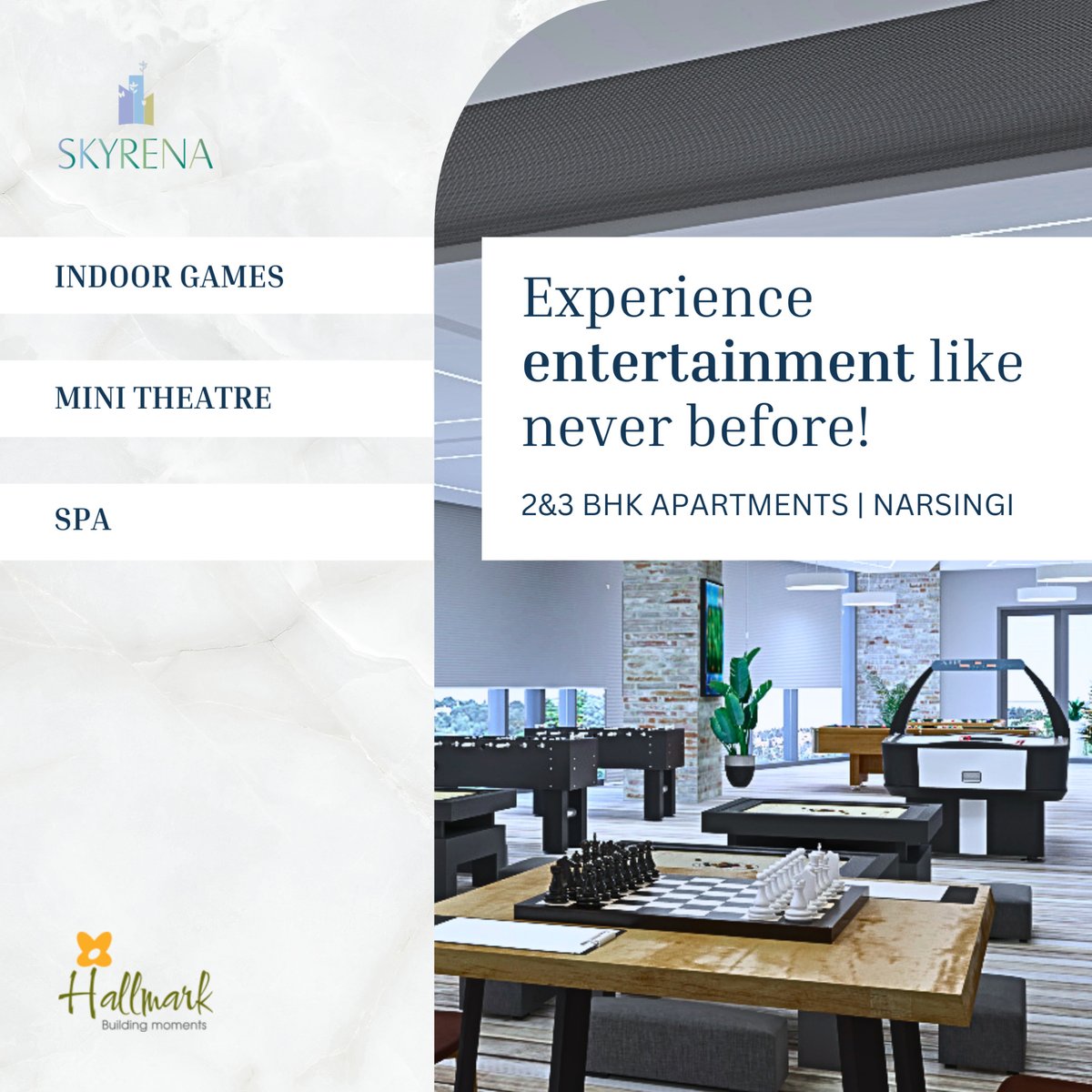 Enjoy the best-in-class entertainment facilities right from the comfort of your home at Hallmark Skyrena. 

From a range of indoor and outdoor games, mini theatre, clubhouse and a lot more, there is never a dull moment! 

#HallmarkSkyrena #HallmarkBuilders #2&3BHKApartment